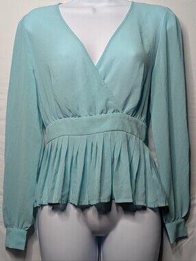 Forever 21 Vintage Juniors Small Mint Green Faux Wrap Sheer Peplum Blouse Top